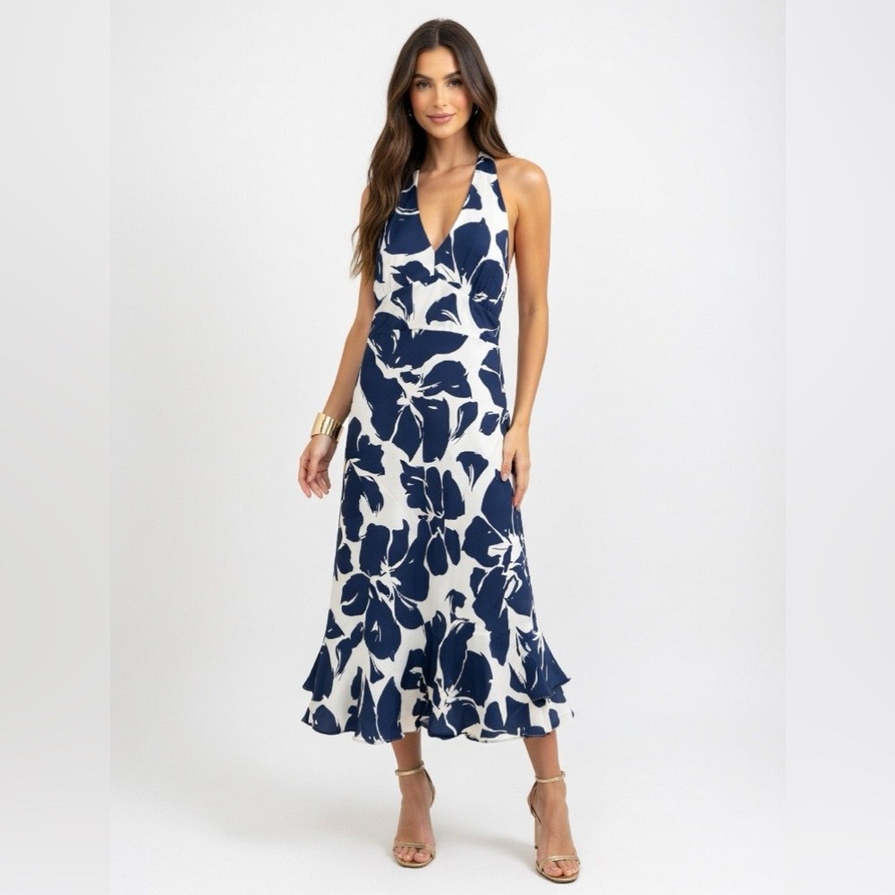 Tommy Hilfiger Navy & White Floral Halter Midi Dress | Size 10